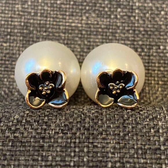 Double Sided Earrings Black Enamel and Pearl - Picture 1 of 2